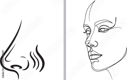 Minimalist continuous line art vector illustration of a woman's face and nose smelling aroma isolated on white background