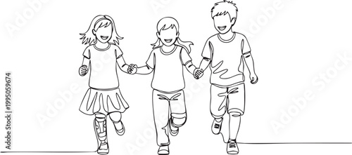 A continuous line drawing depicts three children happily holding hands and running forward