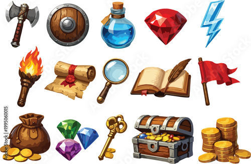 Fantasy game items collection: axes, shields, potions, gems, and treasure chest vector illustration
