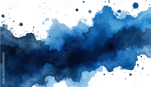 Abstract watercolor painting of blue ink blot. Illustrating the fluidity and artistic appeal of blue tones merging across canvas, inviting interpretation and design application.