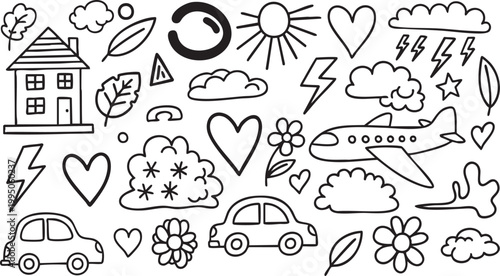 A playful doodle collection featuring a house nature elements and various whimsical objects