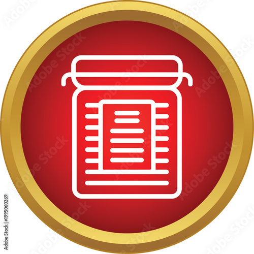 Bottle for medicine with label and text line details on a red circle background