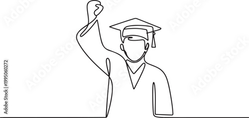 One continuous line of university student celebrating graduation event wearing uniform with Mortarboard. one line Icon drawing