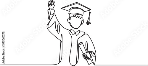 One continuous line of university student celebrating graduation event wearing uniform with Mortarboard. one line Icon drawing