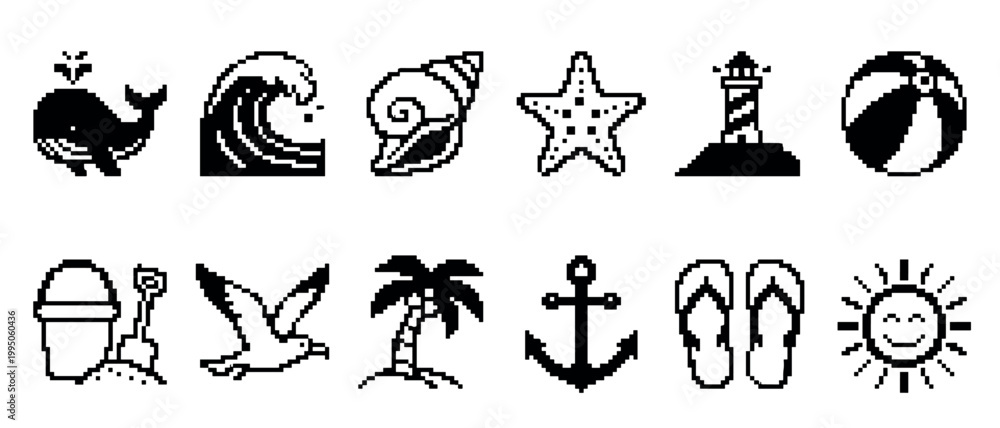 Fototapeta premium Set of twelve black pixel art icons representing summer, beach, and nautical themes in a retro 8-bit style, including a whale, sun, anchor, and palm tree