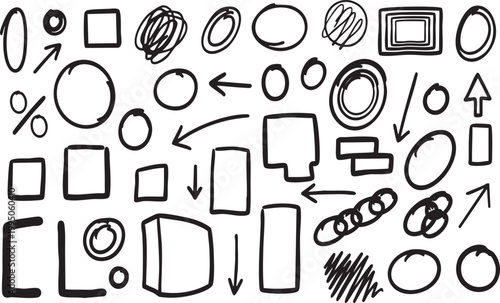 Assorted hand drawn shapes and scribbles on a white background demonstrating various graphic elements