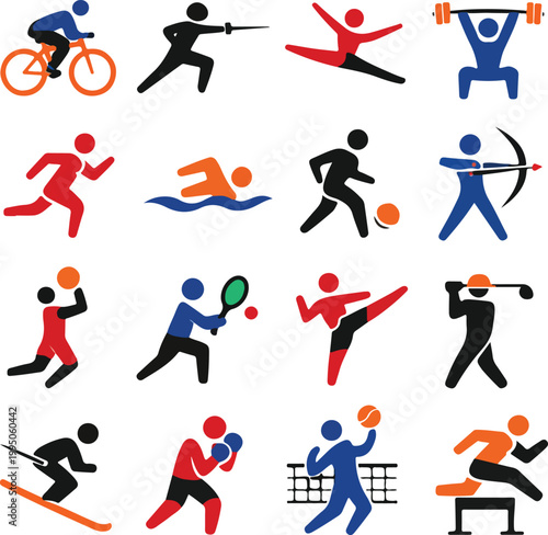 Diverse Sports Icons: Set of Pictograms for Cycling, Fencing, Gymnastics, Weightlifting, Running, Swimming, Soccer, Archery, Basketball, Tennis, Karate, Golf, Skiing, Boxing, Volleyball, Bench Press