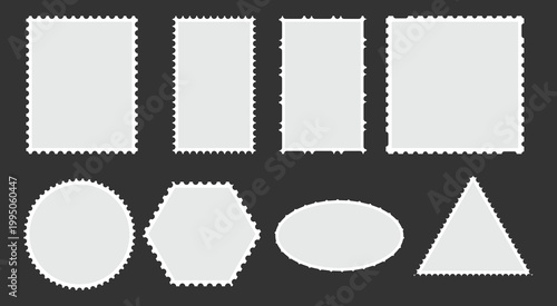 Collection of blank postage stamps in various shapes and sizes.
