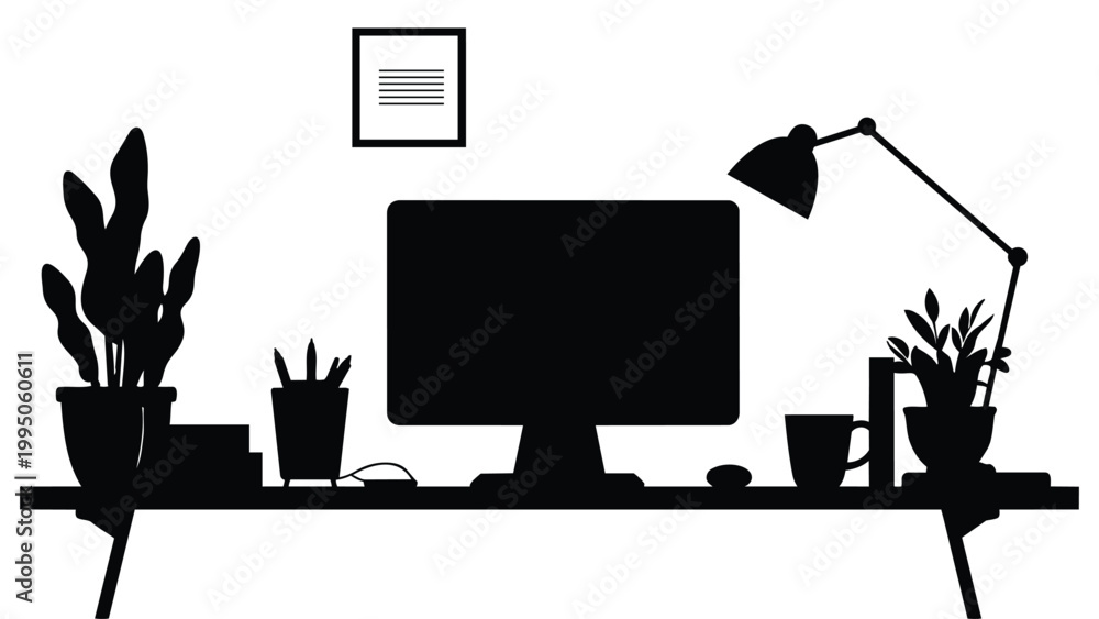 Fototapeta premium Vector illustration of male and female silhouettes including a woman using a tablet in a modern office technology environment with computer devices