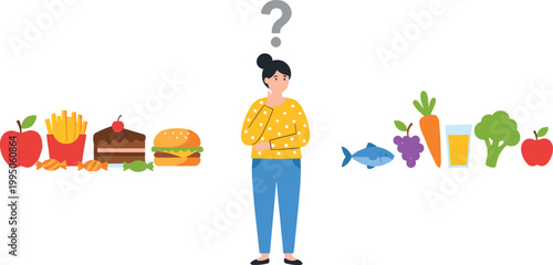 Colorful vector illustration of food choices symbolizing healthy and unhealthy eating habits