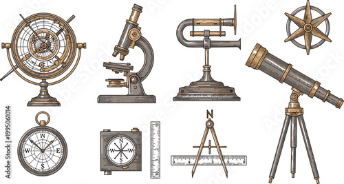 Vintage scientific and navigation instruments vector set with microscope telescope compass and measuring tools for education research and engineering design