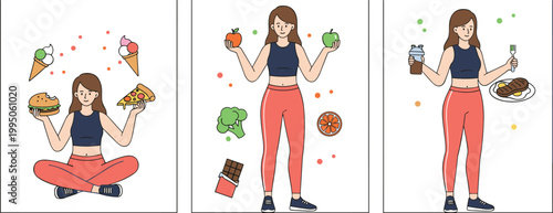 Vector illustration of person choosing between junk food, balanced diet, and protein‑rich meal options