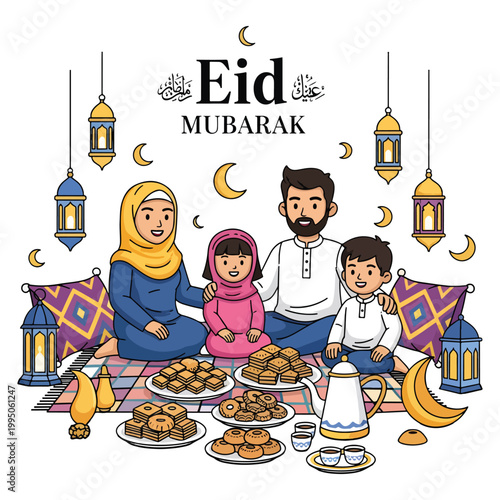 Happy parents with two children enjoying festive dessert feast. Traditional arabic lanterns and crescent moon decor.