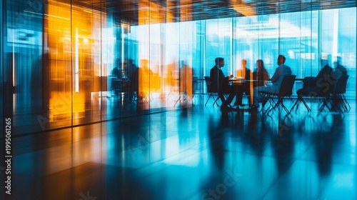 A group of business professionals meeting in a modern glass-walled conference room with a sleek floor