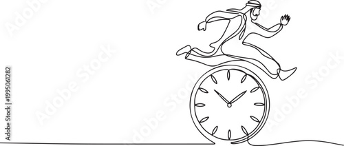 Continuous one line drawing Arab businessman employee worker jump over time passing clock. Daily time management of office worker. one line Icon drawing