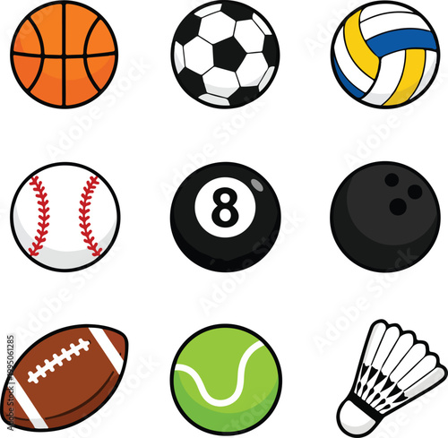 Collection of sports balls and equipment, flat design vector illustration