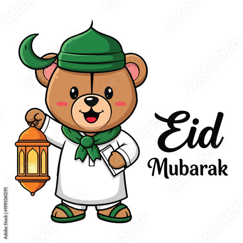 Adorable cartoon bear celebrates eid mubarak. this cute character wears a turban and traditional attire, holding a lantern.