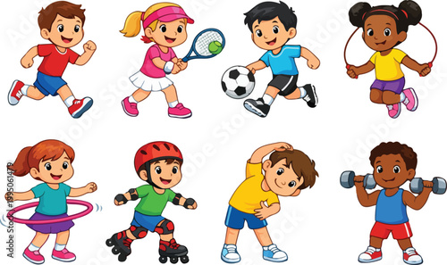 Diverse Group of Happy Children Engaged in Various Sports and Fitness Activities, vector illustration