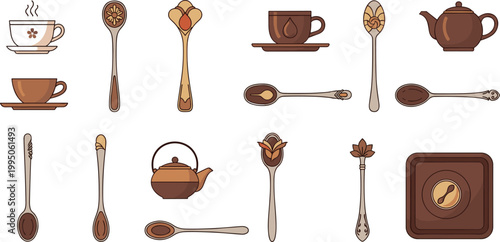 Vintage tea and coffee utensils vector set with cups teapot ornate spoons and saucers for cafe branding menu design and packaging