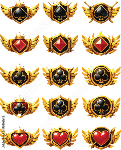 Golden Winged Casino Emblems with Playing Card Suits: Hearts, Diamonds, Spades, Clubs vector illustration