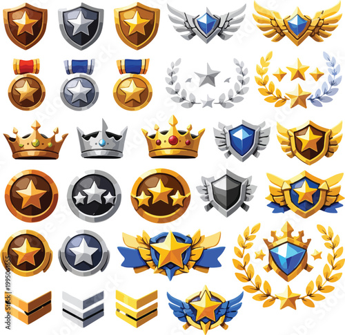 Collection of game achievement icons: shields, medals, crowns, and badges in vector illustration
