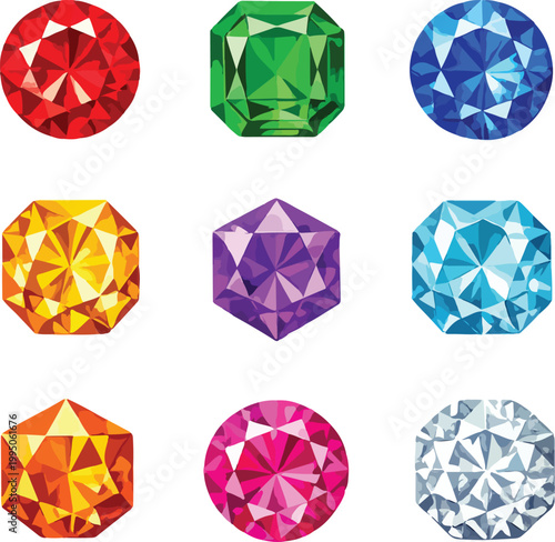 Collection of colorful faceted gemstones - diamonds, emeralds, rubies, sapphires flat design vector illustration