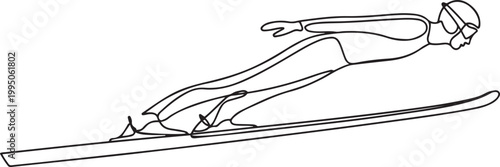 Ski jumping athlete in continuous line drawing. Minimalist depiction of winter sports, extreme action, and competition. one line Icon drawing