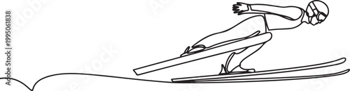 Ski jumping athlete in continuous line drawing. Minimalist depiction of winter sports, extreme action, and competition. one line Icon drawing