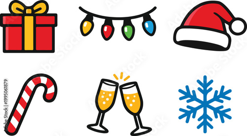 Christmas Icons Set: Gift Box, Lights, Santa Hat, Candy Cane, Toasting Glasses, Snowflake vector illustration