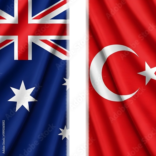 Waving australian and turkish flags side by side symbolizing international relations and diplomacy