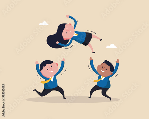 Team celebrates winning a trophy with a joyful toss and cheers