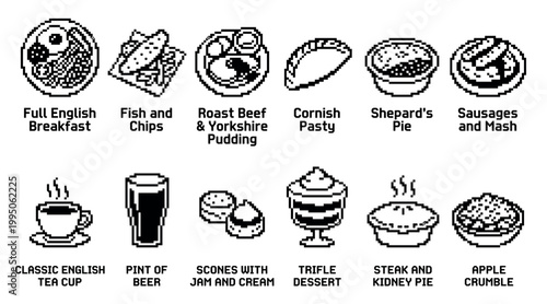 Collection of British food and drink pixel art icons showing traditional meals like fish and chips, roast beef, pies, and desserts in a retro 8-bit video game style