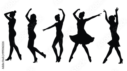 Silhouette vector illustration of a group of ballet dancers and dancing girls jumping and dancing with music, fashion, art and party mood