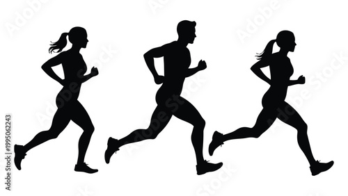 Silhouettes of women and girls dancing, running, and exercising in dynamic poses illustrating movement, sport, and human body expression in simple black vector style