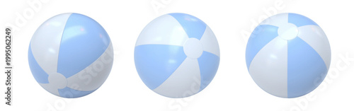 Vector set of realistic 3D rendered beach balls. Three inflatable water balls in soft pastel blue and white. Colorful striped beach balls shown from different angles, isolated.
