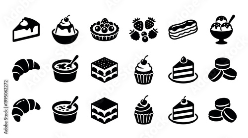 Set of black dessert and pastry icons featuring cake, croissant, cupcake, macaron, and ice cream in a minimalist graphic glyph style for culinary and food design
