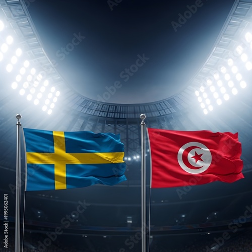 Sweden vs tunisia waving proudly in a brightly lit stadium under spotlights. International Football Match 2026