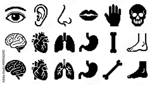 Black pixelated human anatomy icon collection showing organs and body parts like the brain, heart, skull, and eye in a minimalist 8-bit graphic design