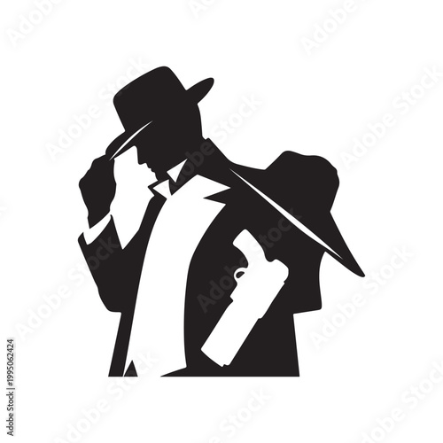 Detective silhouette with gun and trench coat male