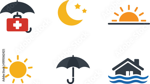 Medical Emergency Kit, Night Sky, Sunrise, Sun, Umbrella, Flood House icons in flat design style