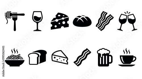 Minimalist black food and drink icons featuring pasta, bread, cheese, bacon, wine, beer, and coffee, presented as a simple silhouette set for restaurant and cafe concepts