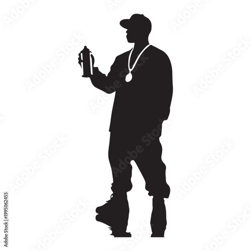 Silhouette of a man with a spray can on roller skates Keywords: silhouette, man, spray can