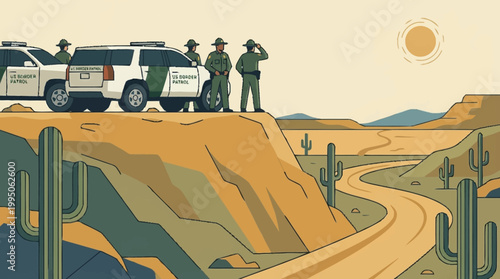 Border Patrol agents in uniform stand guard beside their vehicles on a desert ridge overlooking a winding road and arid landscape with cacti under a bright sun.