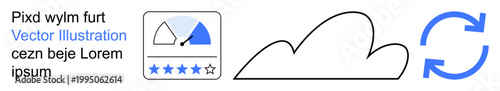Cloud storage, performance metrics, data synchronization, technology reviews, digital services, feedback analysis. Rating scale, cloud graphic and sync icon . Cloud storage and performance metrics
