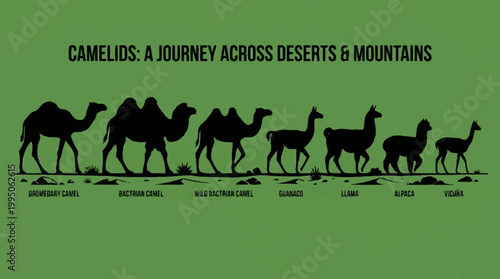 Silhouettes of various camelids, including dromedary camels, Bactrian camels, guanacos, llamas, alpacas, and vicuñas, illustrating their journey across deserts and mountains.