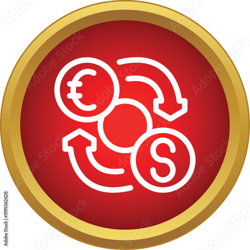 Currency exchange icon with arrows converting euro and dollar symbols on a red button