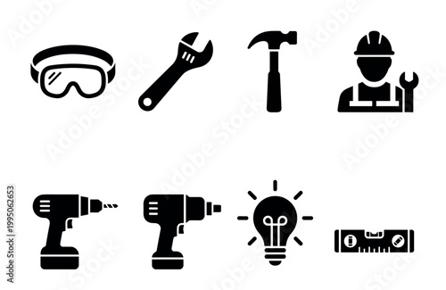 Minimalist set of black construction icons for building and repair, featuring a worker, hammer, wrench, power drill, safety goggles, level, and a lightbulb
