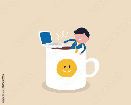 Happy businessman relaxing in a coffee cup with a laptop and steam