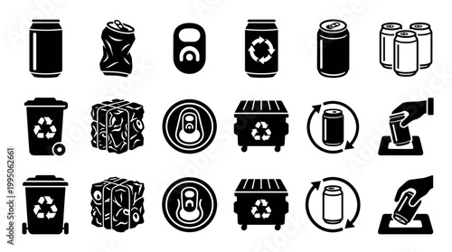 Black and white aluminum can recycling icons showing waste management, crushed metal, bins, and environmental symbols in a simple flat vector glyph style collection