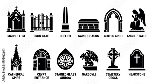Set of black gothic cemetery icons featuring a mausoleum, gargoyle, headstone, sarcophagus, and angel statue in a minimalist vector style collection for design elements
